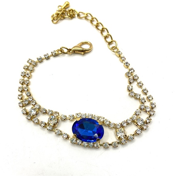 Blue Rhinestone Bracelet Gold Tone Sparkly - Picture 3 of 6